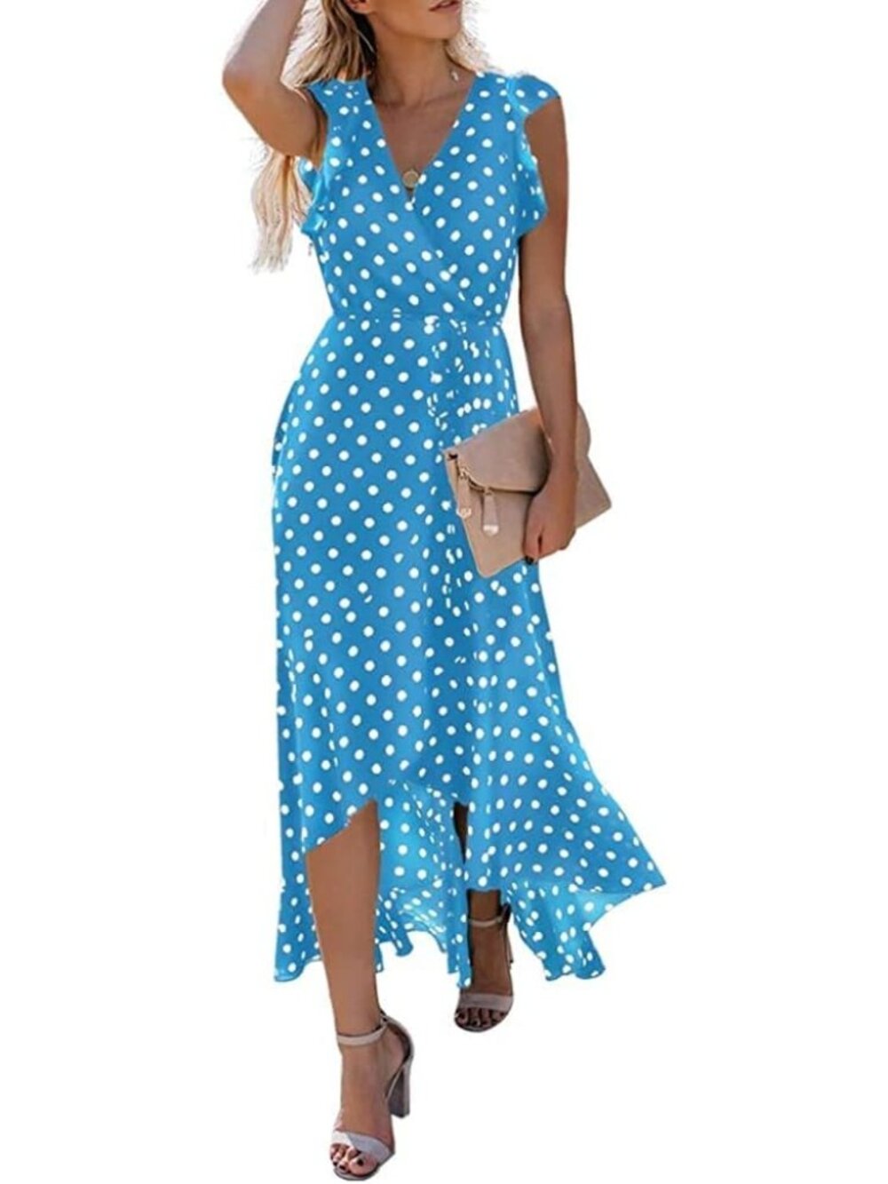 Women's Light Blue Boho Beach Vacation Wrap V Neck Summer Long Maxi Dress - Picture 6 of 6
